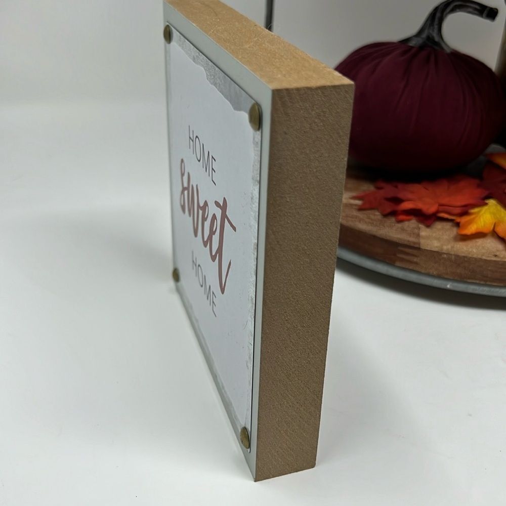 Home Sweet Home Decor Wood & Metal Shelf Table Standing Word Sign Brown White - Picture 2 of 8